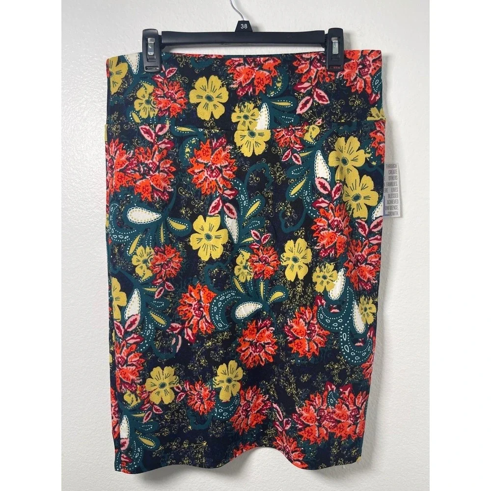 LuLaRoe Cassie Pencil Skirt XL‎ NWT Floral Paisley Navy Red Yellow Stretch Midi